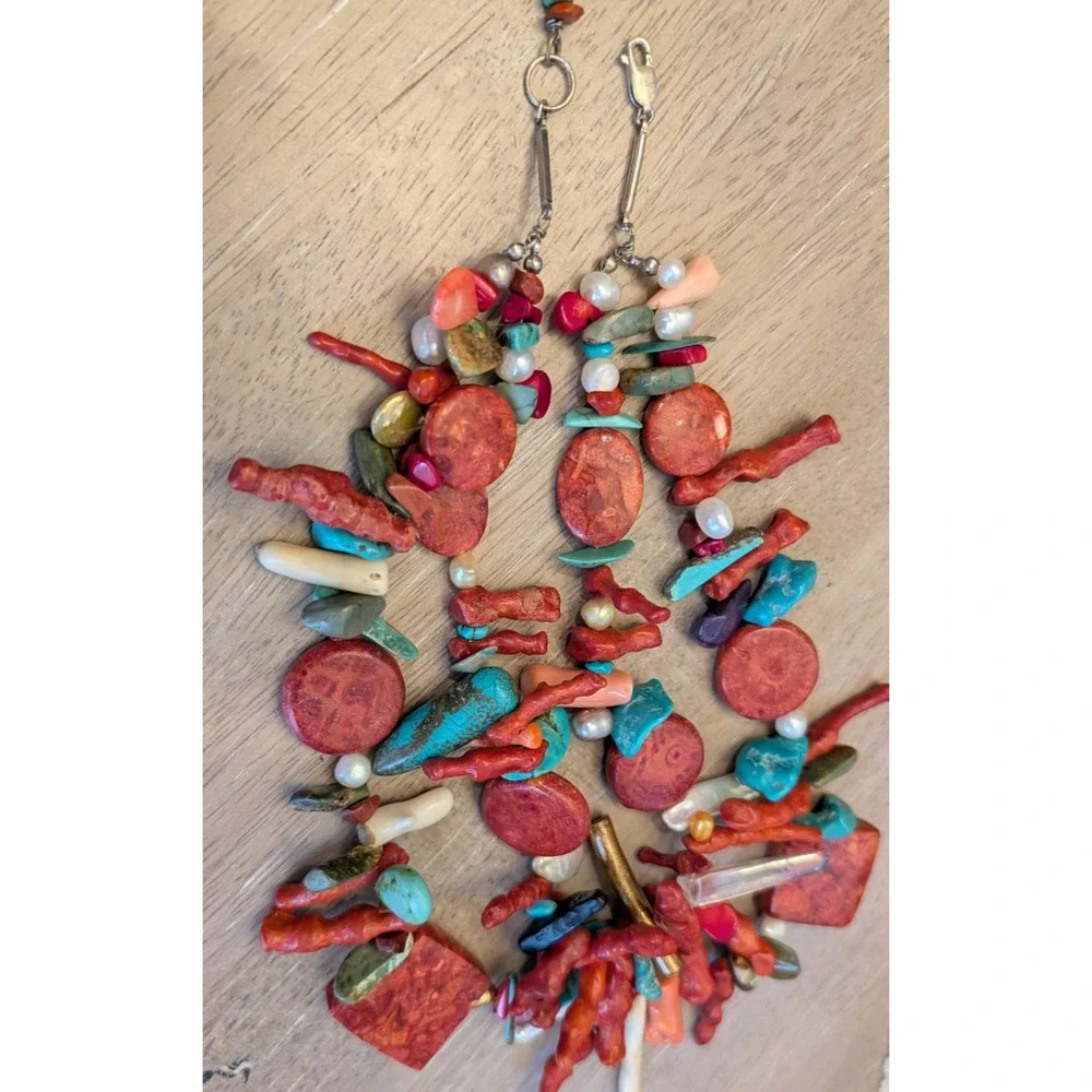Vintage Turquoise & Coral Bead Necklace with pearls Multi-Strand necklace‎